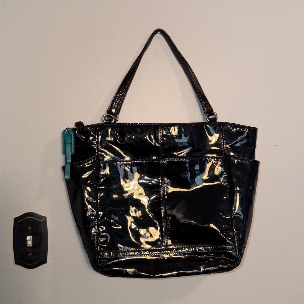 Coach ladies black patent leather tote. Green lining. F24893. - Picture 2 of 15